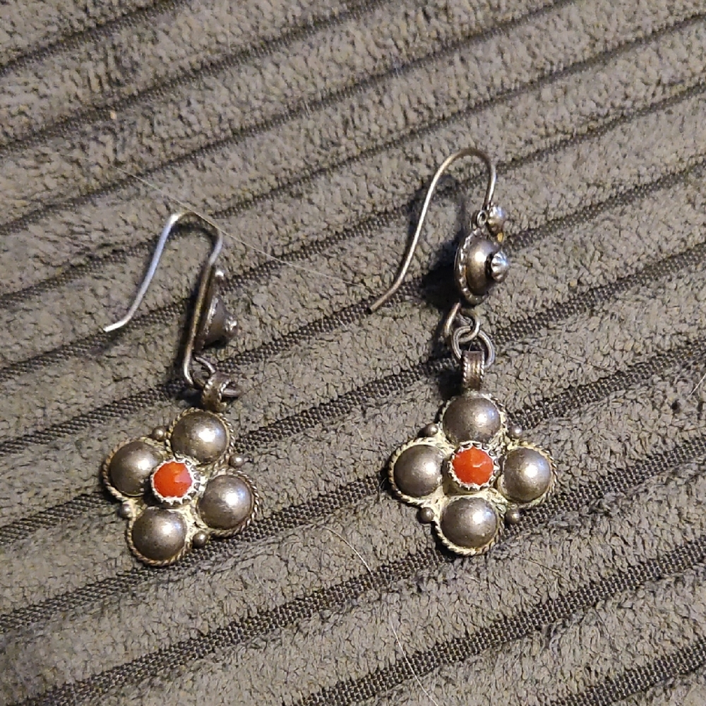 Sterling silver And coral Stone Dangle Earrings